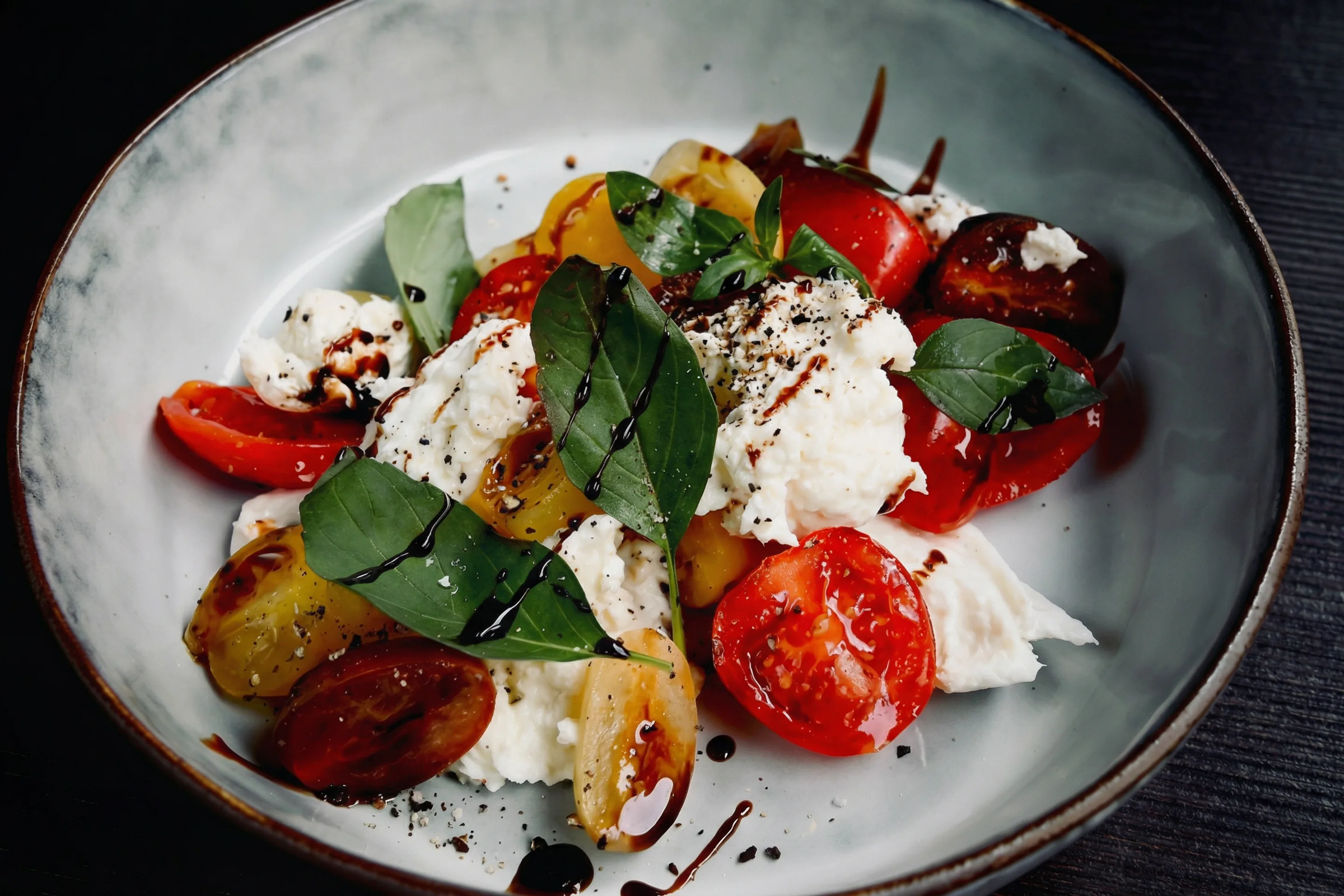 Insalata Caprese med burrata, färska tomater och basilika