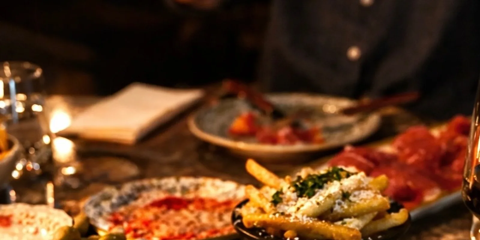 Fulldukat bord med pizza, pasta, oliver och italienska rätter